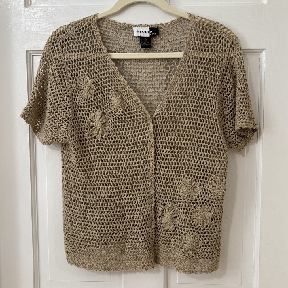Studio M Beige Crochet Short-Sleeve Cardigan
